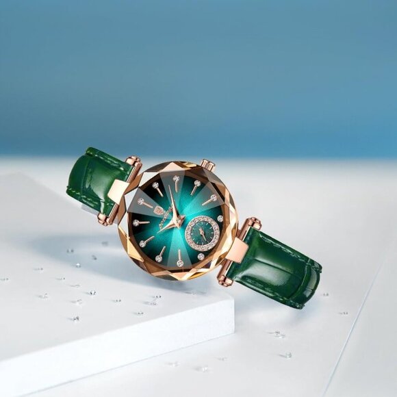 Chic Quartz Ladies Watch in Green Leather - Diamond Inlay & 30M Water Resistance - Picture 4 of 8